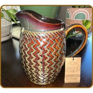 Pitcher Jug 34 oz Boston Warehouse Pottery Rustic Living Brown Woven Pattern